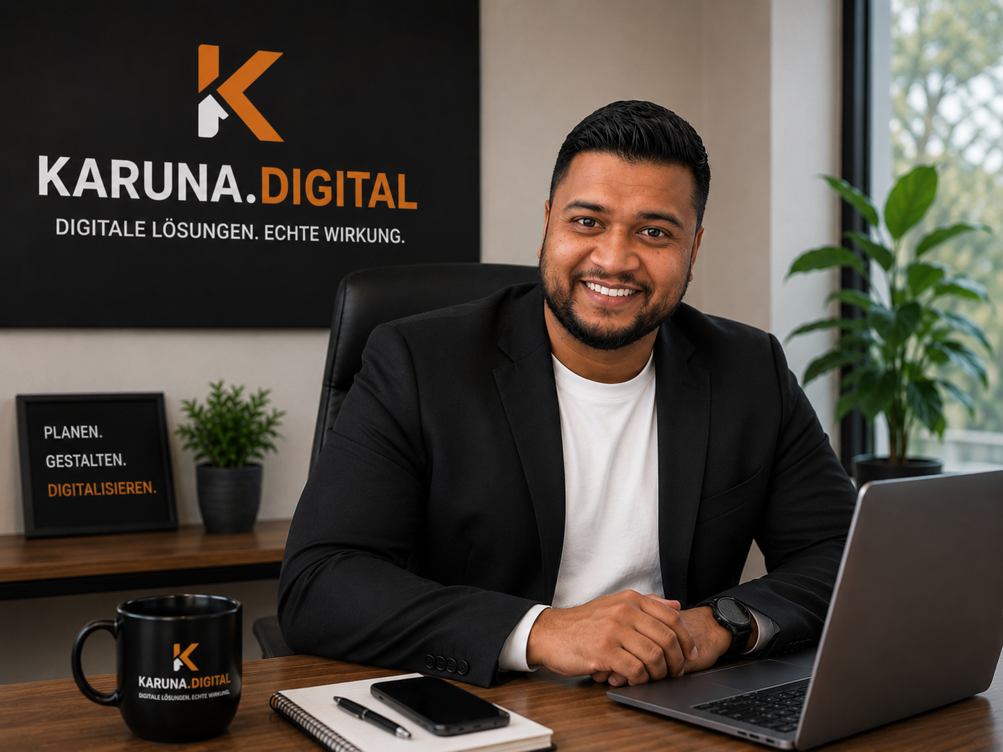 Prashanna Karunaretnam, Gründer von karuna.digital, an seinem Schreibtisch